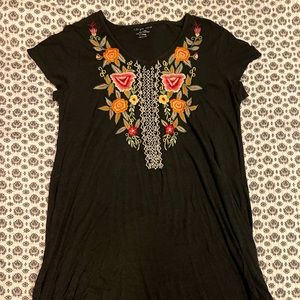 Black Casual Dress w/Embroidered Neckline